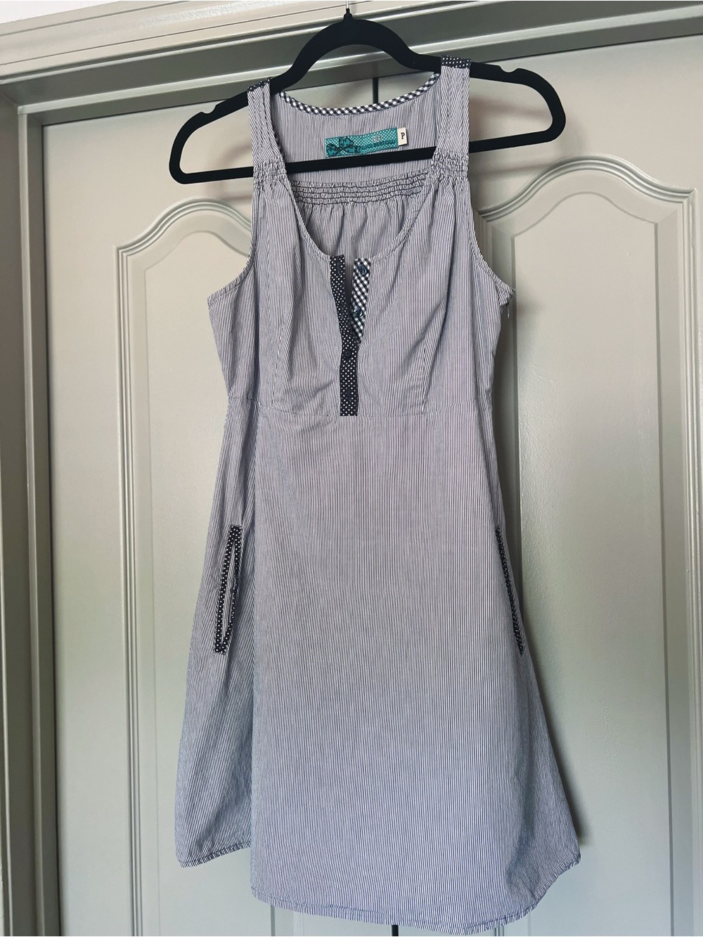 Coastal Cowgirl Cottagecore Mini Dress | Blue & White Pinstripe Sundress Size P